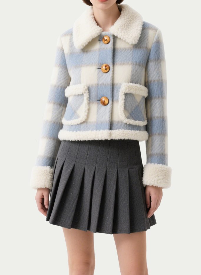 womens-light-blue-plaid-faux-shearling-trim-button-down-coat