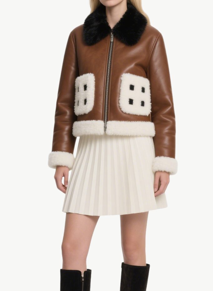 womens-brown-leather-faux-fur-trim-short-jacket-stylish-coat