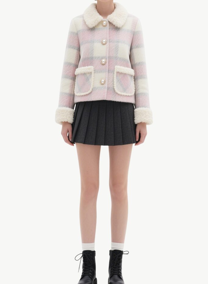 womens-pink-plaid-faux-fur-trim-short-jacket-cute-trendy-coat-for-winter